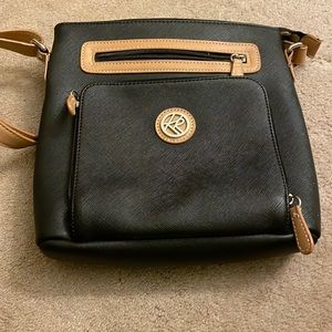 Kim Rogers Black Faux Leather Shoulder Bag with Tan Details